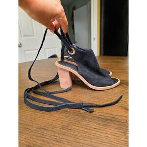 Black Suede Open-Toe Heeled Sandals With Wraparound Straps & Wooden Block Heel B